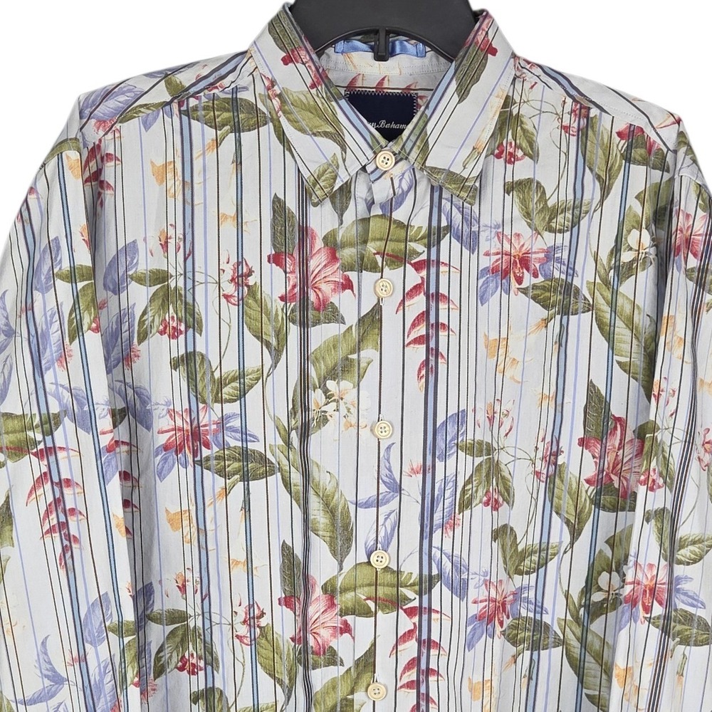 Tommy Bahama Mens Button Up Shirt Floral Blue Green Stripe‎ Long Sleeve Medium